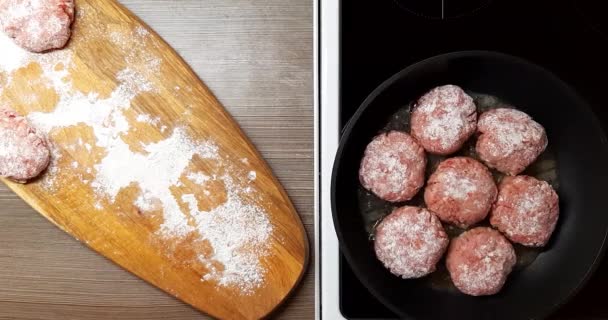 Costeletas Carne Ato Fritar Óleo Uma Panela Ato Fritar Vista — Vídeo de Stock