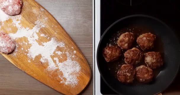 フライパンに油で肉カツを炒める プレート上面ビュー — ストック動画