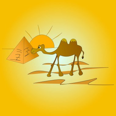 Güneş ve piramitlerin arka planına karşı bir deve tasviri. Kapat.