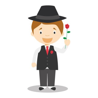 Karakter Arjantin tango dansçısı bir gül gibi geleneksel şekilde giyinmiş. Vektör çizim. Çocuklar dünya koleksiyon.