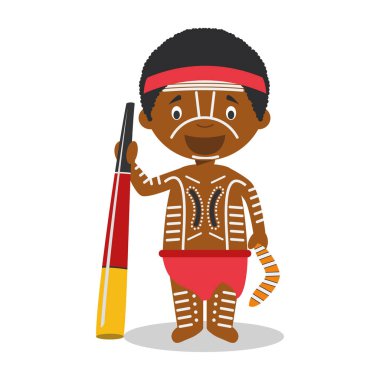 Avustralya (yerli) karakter didgeridoo vektör çizim ile geleneksel şekilde giyinmiş. Çocuklar dünya koleksiyon.
