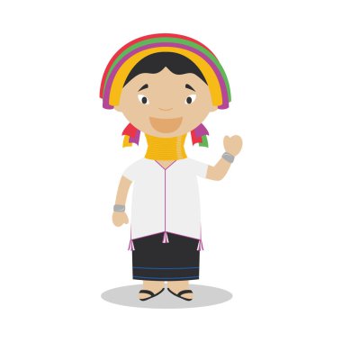 Padaung kız karakter Myanmar (Kayan kabile) vektör çizim geleneksel şekilde giyinmiş. Çocuklar dünya koleksiyon.