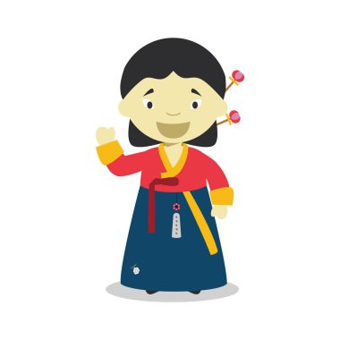 Güney Kore'den karakter hanbok ile geleneksel şekilde giyinmiş. Vektör çizim. Çocuklar dünya koleksiyon.