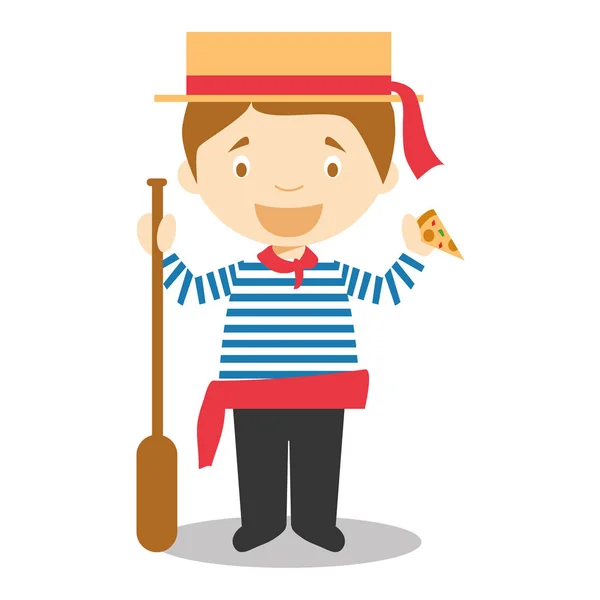 Personaje de Italia vestido de la manera tradicional como un gondolero de Venecia comiendo pizza. Ilustración vectorial. Colección Niños del Mundo . — Vector de stock