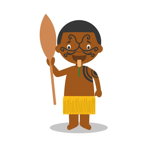 Personaje de Nueva Zelanda vestido de la manera tradicional de la tribu maorí. Ilustración vectorial. Colección Niños del Mundo . — Vector de stock