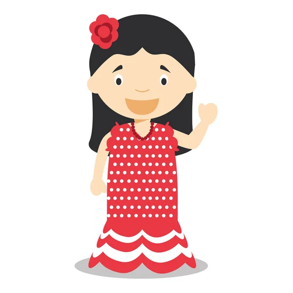 Personage uit Spanje gekleed in de traditionele manier als een flamencodanseres. Vectorillustratie. Kinderen van de wereld-collectie. — Stockvector