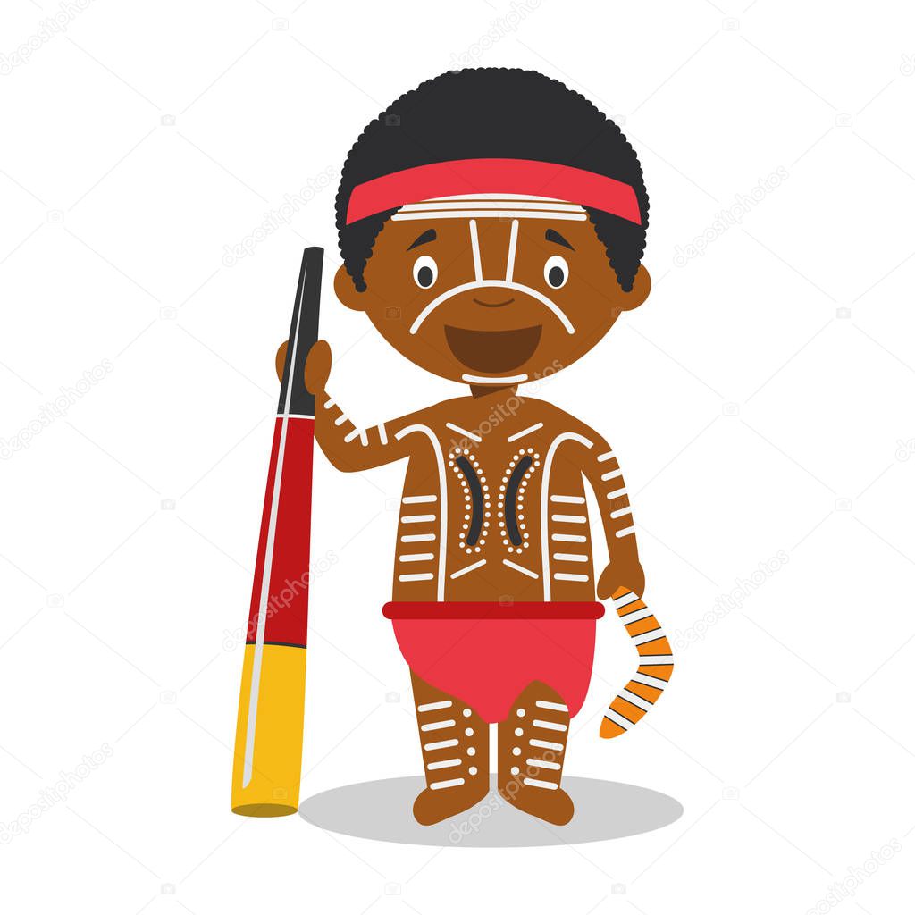 Character from Australia (Aboriginal) dressed in the traditional way with didgeridoo Vector Illustration. Kids of the World Collection.