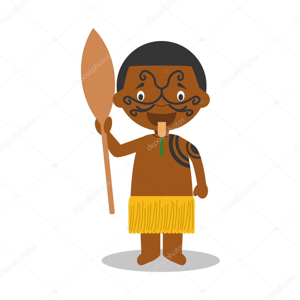 Character from New Zealand dressed in the traditional way of the Maori tribe. Vector Illustration. Kids of the World Collection.