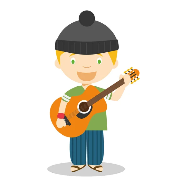 Cute cartoon vector illustration of a musician with a guitar — Stock Vector