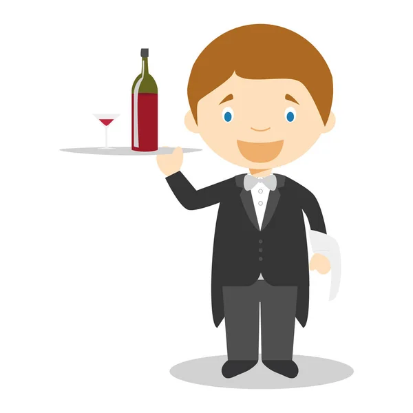 Cute cartoon vector illustration of a waiter — Stock Vector
