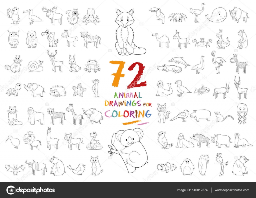 Set di 72 disegni animali da colorare — Vettoriale Stock