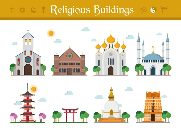 Conjunto de Edificios Religiosos Vector Ilustración: Catolicismo, Judaísmo, Iglesia Ortodoxa, Islamismo, Budismo, Taoísmo e Hinduismo . — Vector de stock