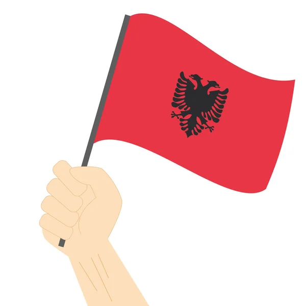 手里拿的提高的阿尔巴尼亚国旗 — 图库矢量图片
