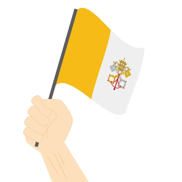 Hand innehav och höja flagga Vatikanstaten — Stock vektor