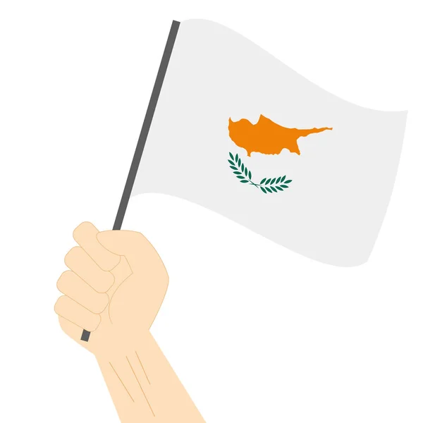 Tenere la mano e issare la bandiera nazionale di Cipro — Vettoriale Stock