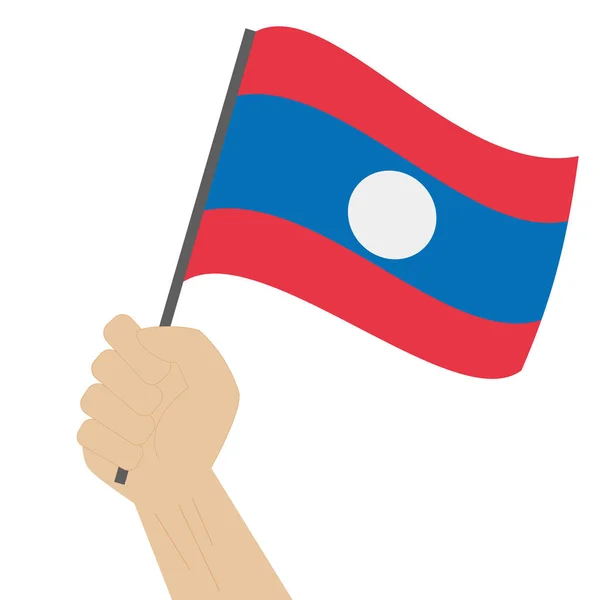 Hand halten und die Nationalflagge von Laos hissen — Stockvektor