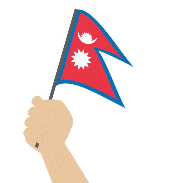 Mão segurando e levantando a bandeira nacional do Nepal — Vetor de Stock