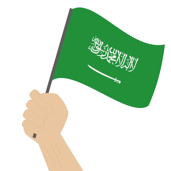 Hand holding and raising the national flag of Saudi Arabia — Stock Vector