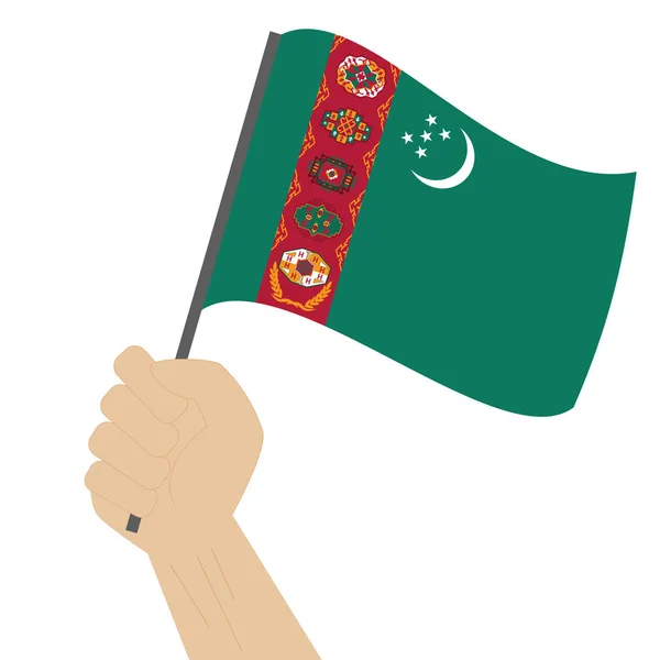Ruka hospodářství a zvyšování státní vlajka Turkmenistánu — Stockový vektor