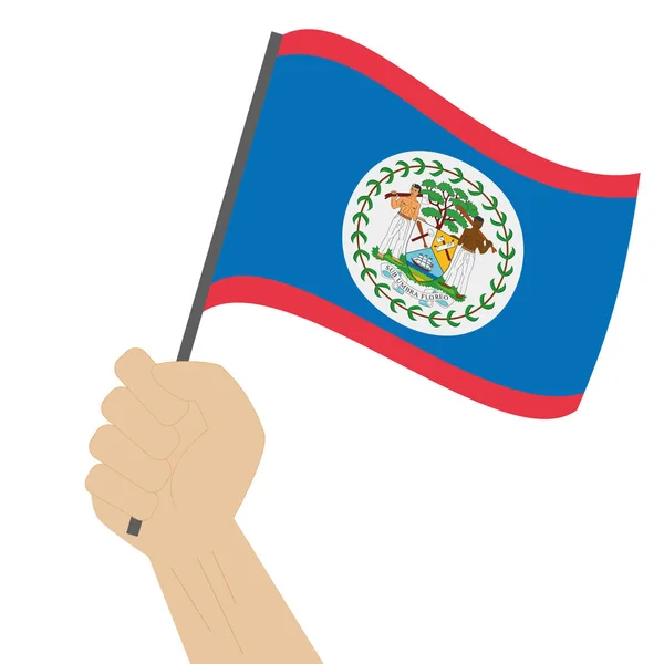 Ręka trzyma i podniesienie flagi narodowej, Belize — Wektor stockowy