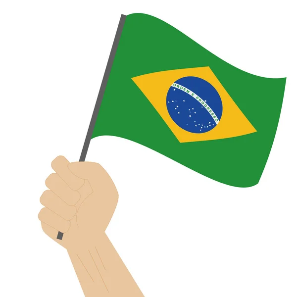 Mão segurando e levantando a bandeira nacional do Brasil — Vetor de Stock