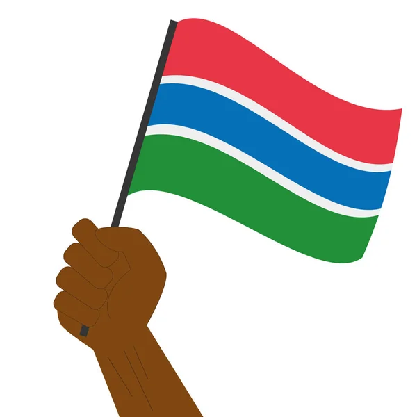 Hand halten und die Nationalflagge von Gambia hissen — Stockvektor