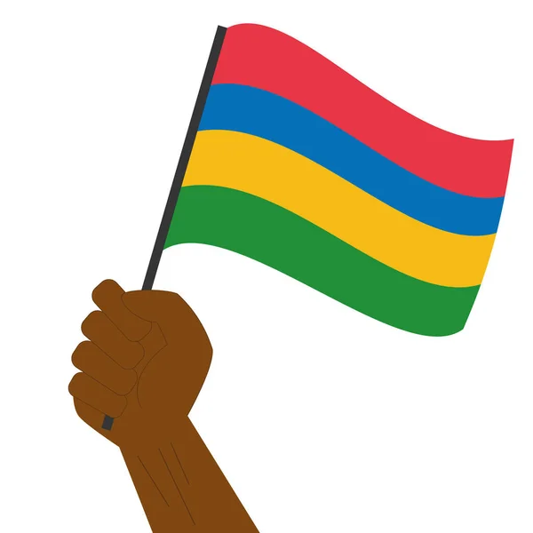 Hand holding en verhoging van de nationale vlag van Mauritius — Stockvector