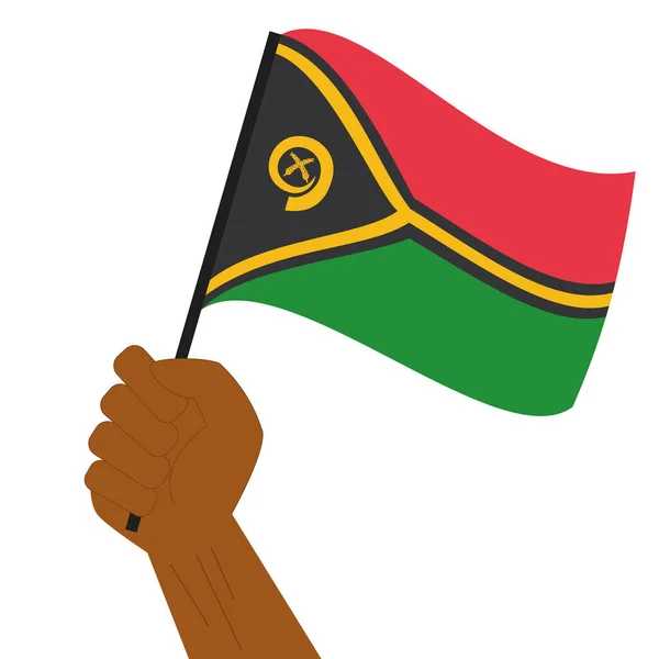 Hand holding en verhoging van de nationale vlag van Vanuatu — Stockvector