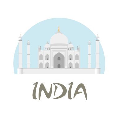 Seyahat Hindistan rozeti. Taj Mahal vektör çizim ile beyaz ve mavi arka plan ve metin Hindistan.