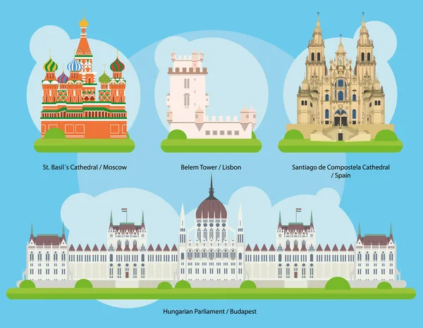 Ilustração vetorial de monumentos e marcos na Europa Set 2: Catedral de São Basílio (Moscovo), Torre de Belém (Lisboa), Catedral de Santiago de Compostela (Espanha) e Parlamento Húngaro (Budapeste) ). — Vetor de Stock