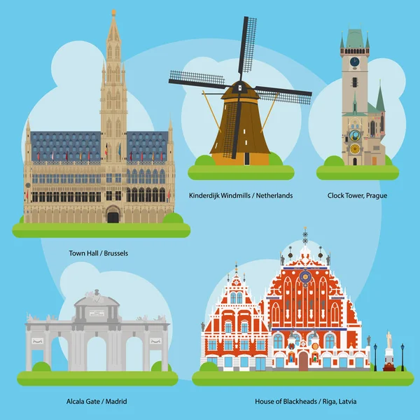 Wektor ilustracja pomniki i punkty charakterystyczne w Europie Vol. 3: Town Hall (Bruksela), wiatraki w Kinderdijk (Holandia), Wieża zegarowa (Praga), Brama Alcalá (Madryt) i dom Bractwa Czarnogłowych (Ryga). — Wektor stockowy