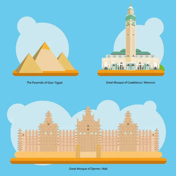 Ilustración vectorial de monumentos y monumentos en África Vol. 1: Pirámides de Giza (Egipto), Gran Mezquita de Casablanca (Marruecos) y Gran Mezquita de Djenne (Malí) ). — Vector de stock