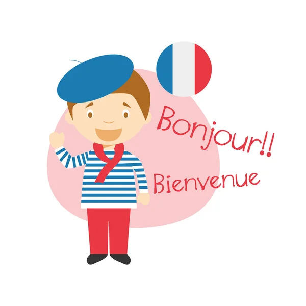 Illustration vectorielle de personnages de dessins animés disant bonjour et bienvenue en français — Image vectorielle