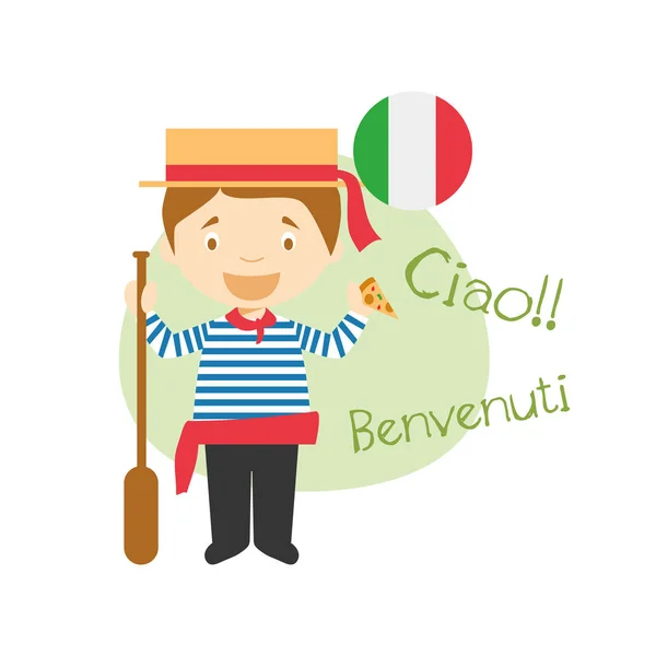 Ilustración vectorial de personajes de dibujos animados saludando y dando la bienvenida en italiano — Vector de stock