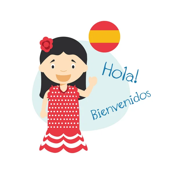 Vector illustration of cartoon characters saying hello and welcome in Spanish — Stock Vector