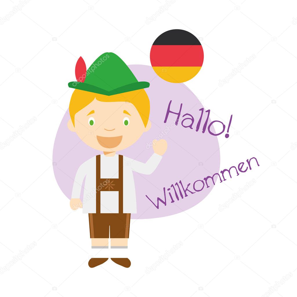 Vector illustration of cartoon characters saying hello and welcome in German
