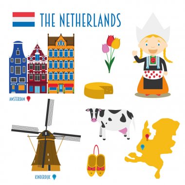 Hollanda düz simgesi ayarla seyahat ve Turizm kavramı. Vektör çizim