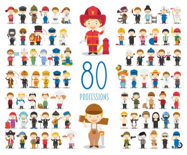 Kids Vector Characters Collection: Set of 80 different professions in cartoon style. clipart