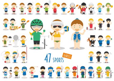 Big Set of 47 cute cartoon sport characters for kids. Funny cartoon girls. Olympics Sports vector illustrations vector