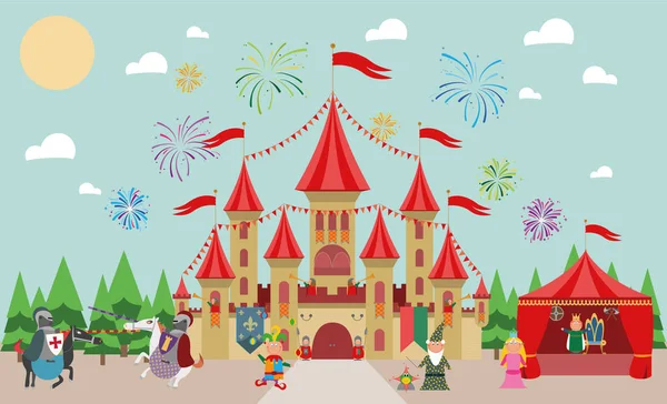Castillo medieval con personajes (rey, princesa, mago, caballeros y bufón) y fuegos artificiales. Ilustración vectorial . — Vector de stock