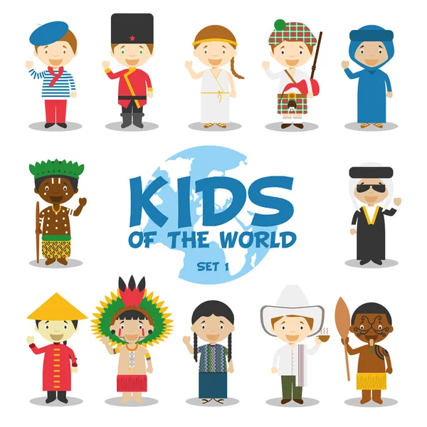 Векторная иллюстрация Kids of the world: Nationalities Set 1. Набор из 12 персонажей в разных национальных костюмах — стоковый вектор