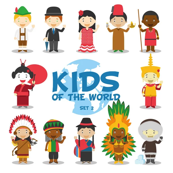 Kids of the world vector illustration: Nationalities Set 2. Conjunto de 12 personajes vestidos con diferentes trajes nacionales — Vector de stock