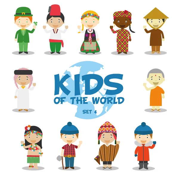 Kids of the world vector illustration: Nationalities Set 4. Set of 11 characters dressed in different national costumes — Stock Vector