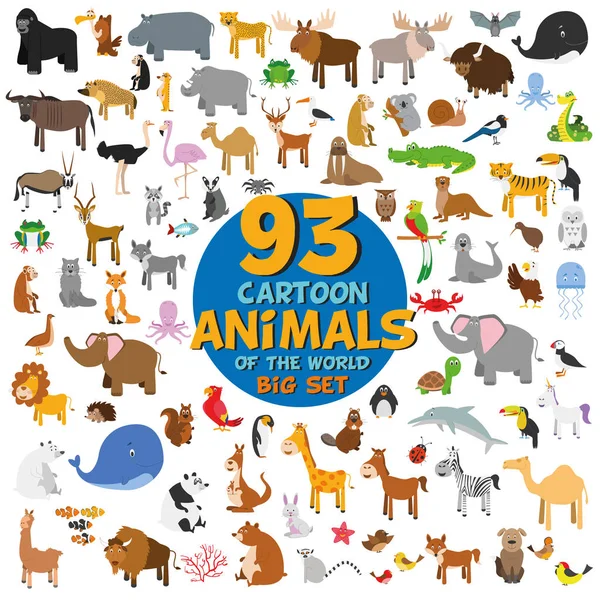 Stort sæt af 93 søde tegneserie dyr i verden. Vektorillustration isoleret på hvidt. Ikonsæt . – Stock-vektor