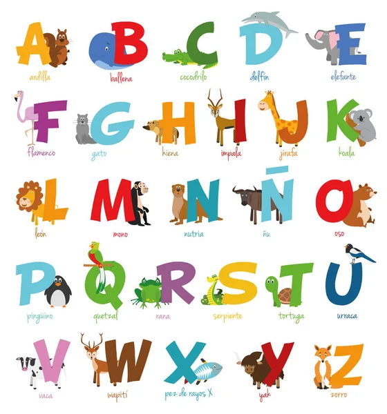 Kreskówka zoo Ilustrowany alfabet z śmieszne zwierzęta. Alfabet hiszpański. Naucz się czytać. Ilustracja wektorowa na białym tle. — Wektor stockowy
