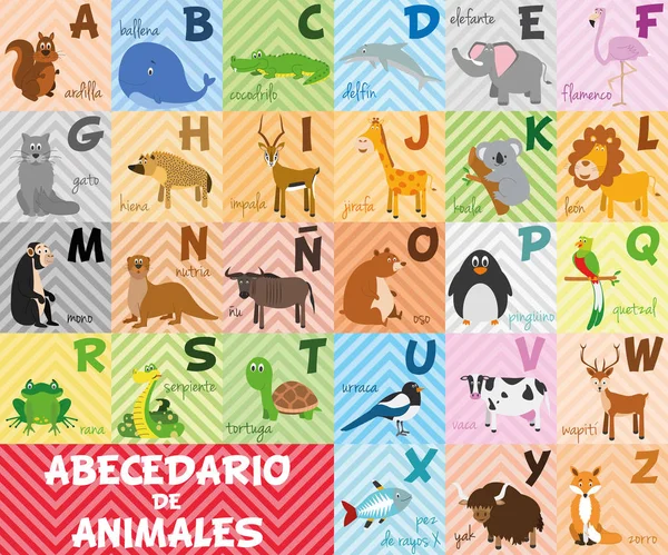 Aranyos rajzfilm állatkert illusztrált vicces állatok ábécé. Spanyol ábécé. Tanulj meg olvasni. Elszigetelt vektoros illusztráció. — Stock Vector
