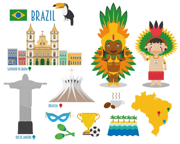 Brazilië Flat pictogram Set reizen en toerisme concept. Vectorillustratie — Stockvector