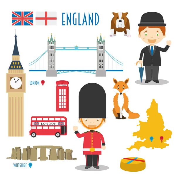 England Flat Icon Set Concepto de viaje y turismo. Ilustración vectorial — Archivo Imágenes Vectoriales