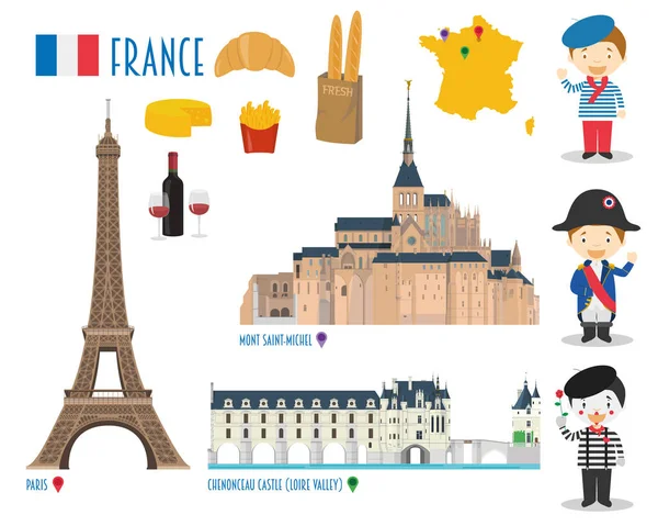 Frankreich flat icon set Reise- und Tourismuskonzept. Vektorillustration — Stockvektor