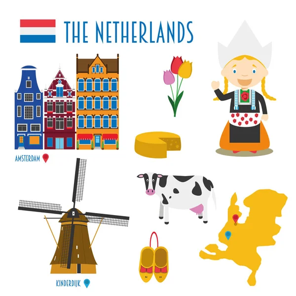 Hollanda düz simgesi ayarla seyahat ve Turizm kavramı. Vektör çizim
